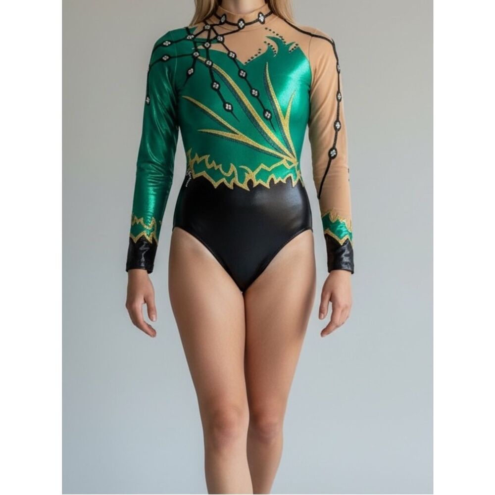 Illusion Custom gymnastics competition leotard rhythmic green rhinestone LC